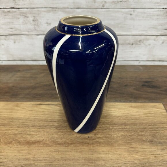 Vintage Cylinder Navy Vase With White and Gold Decoration McDonough Art Deco - Picture 5 of 10